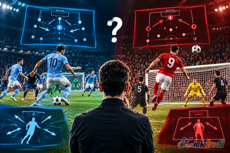 Tactical diagram analyzing the best tactical system for more goals between a false 9 or striker