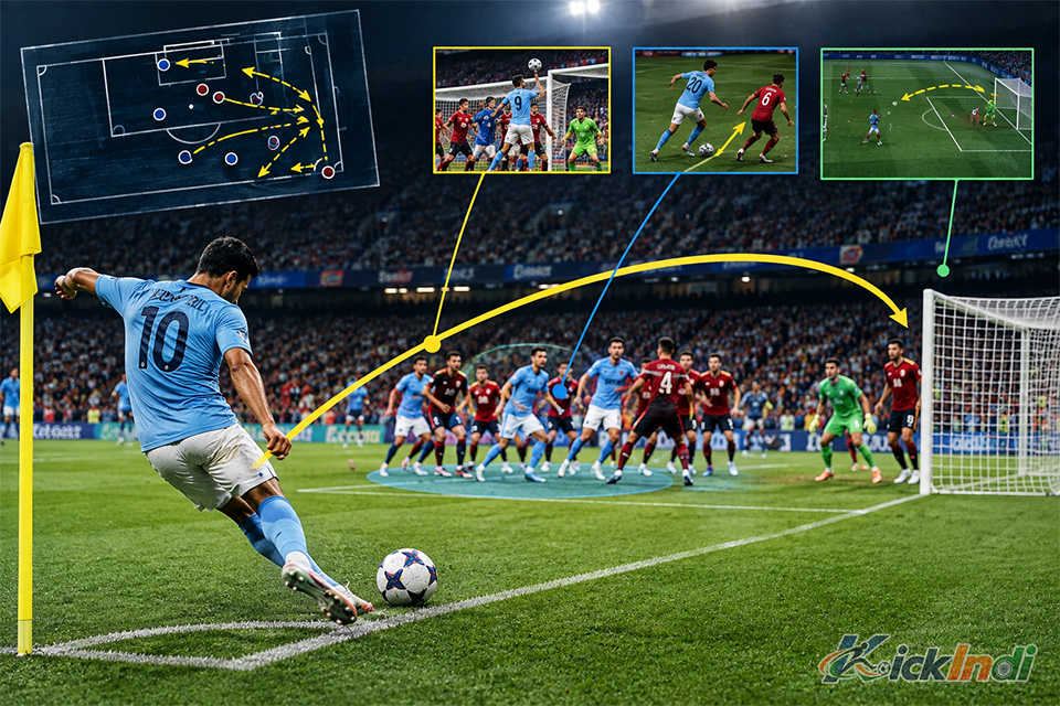 Football corner kick tactics and set piece analysis during an attacking corner
