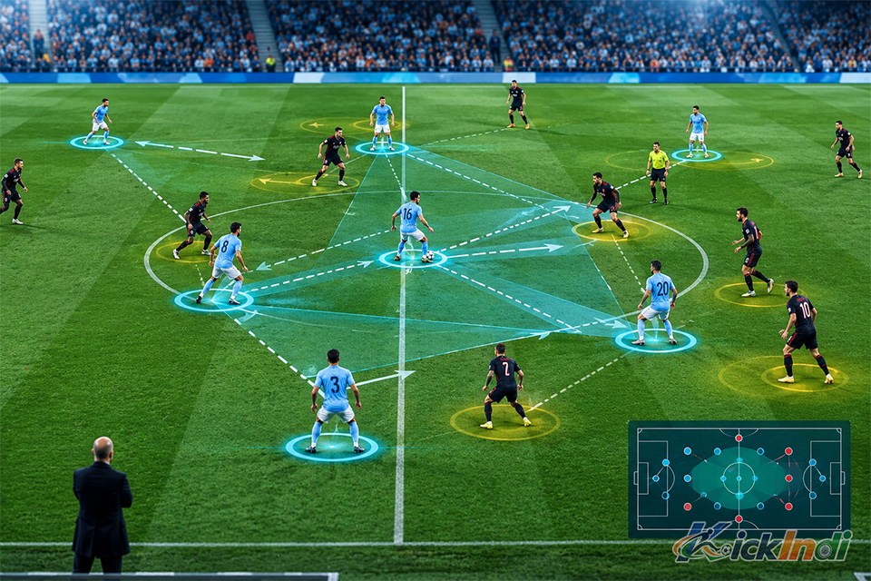 Tactical diagram illustrating how positional play controls the midfield in soccer matches.