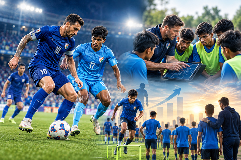 Young Indian football player training alongside an experienced international star in the ISL