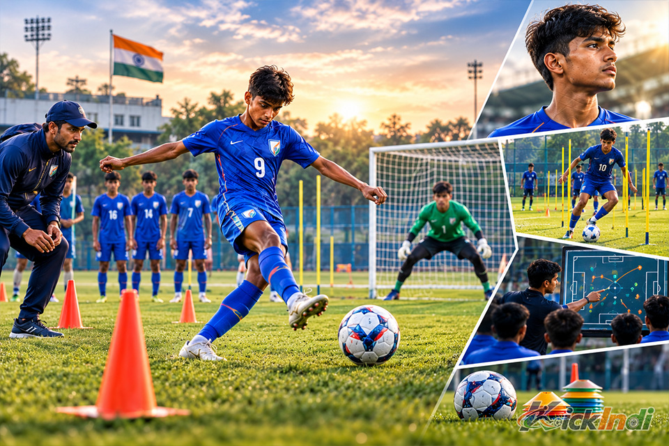 Young Indian football academy players practicing shooting drills under a structured development strategy