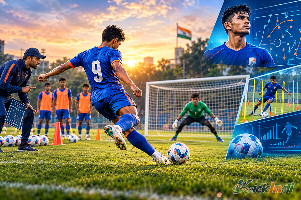 Coach explaining tactical strategies to solve India football team scoring problem on a tactical board