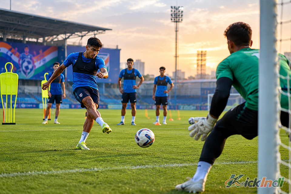 Indian Super League young striker practicing high-intensity finishing training in front of the goal