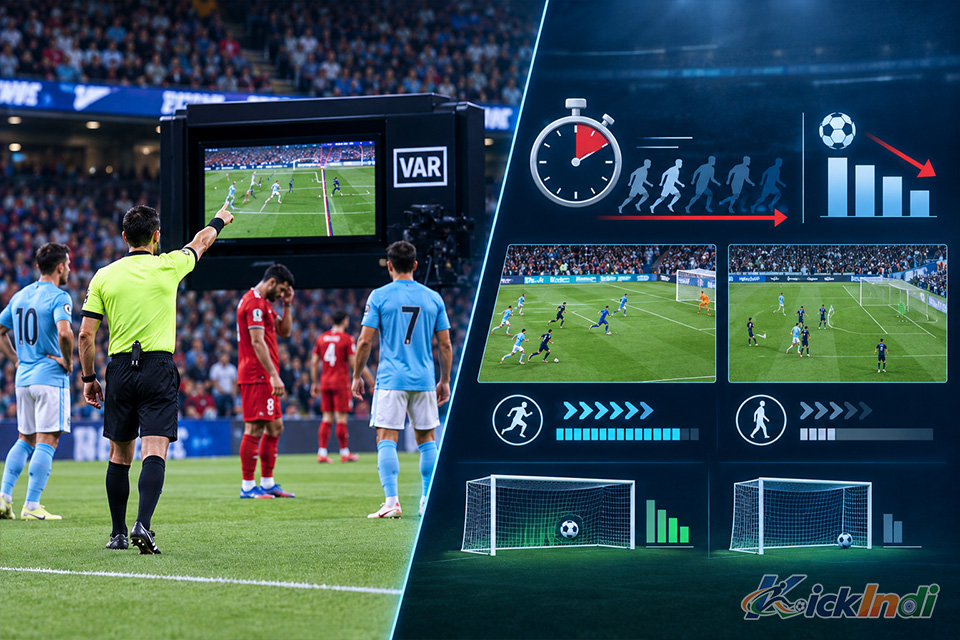 Referee stopping play for VAR, raising the question: do VAR interventions slow down game tempo and lower goal totals